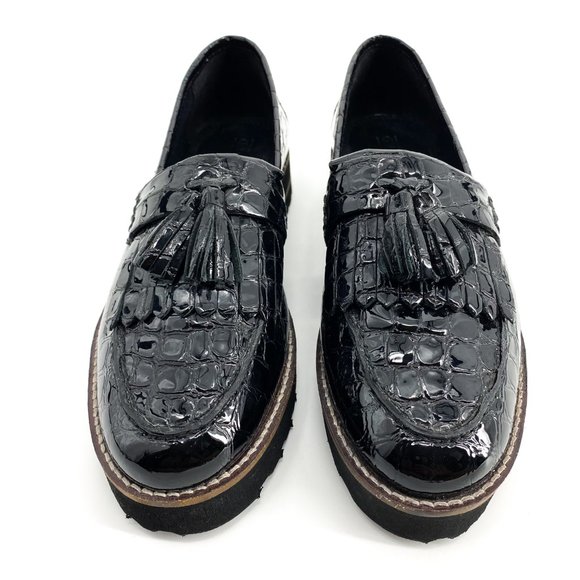 ASOS DESIGN Croc Meze Chunky Fringed Patent Leather Loafers - Picture 2 of 16